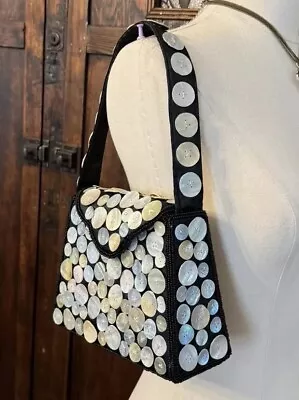 Vintage Mini Bag Purse Mother Of Pearl Buttons Unique 90s Black White • $20