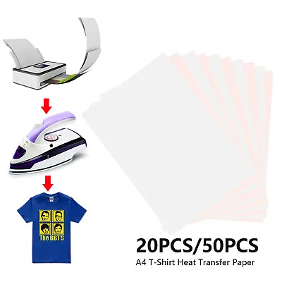 20/50x A4 Iron On T Shirt Transfer Paper For Light&Dark Fabric Heat Press Inkjet • £7.98