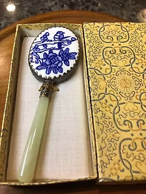 Vintage JAPANESE Jade & Silver Hand Mirror Porcelain Blue White Willow Bird BOX • $42.90