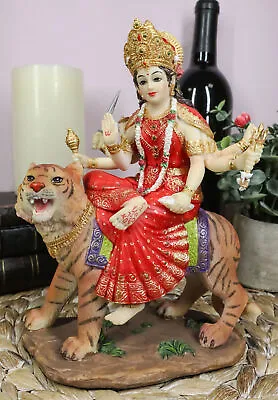 $67.99 • Buy Hindu Goddess Durga Wearing Red Sari Riding On Tiger Figurine 8.5  Tall Statue