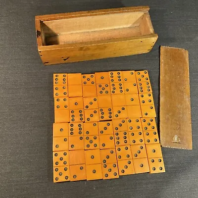 Vintage Butterscotch Bakelite 28 Domino Set Tile Dominoes Game Bulgaria Wood Box • $90