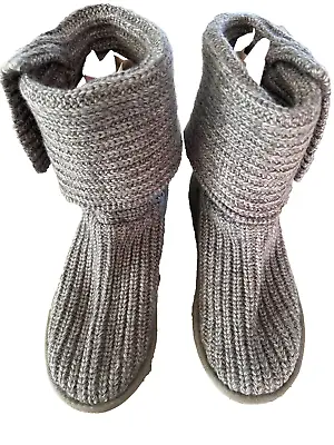 UGG Boots Girls 4 Gray Classic Cardy Knit Sweater Boots Faux Buttons Fold Over • $54.75