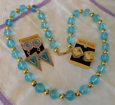 Napier Clear Blue Lucite Gold Beaded Vintage Necklace And Earrings Lot Of Three • $10.49