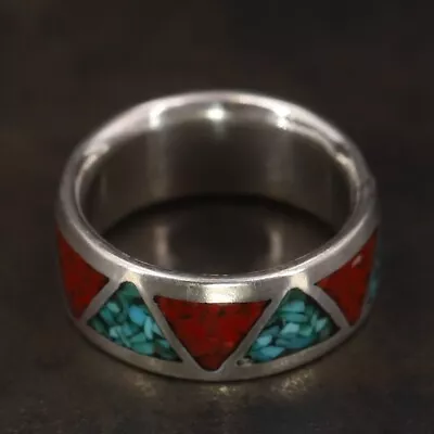 VTG Sterling Silver - CAROLYN POLLACK Turquoise & Coral Band Ring Size 5 - 4g • $2.99