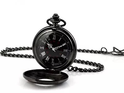 Vintage Retro Steampunk Pocket Watch Black Quartz Pendant Necklace Chain Gift • $9.07