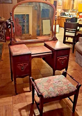 Used Wood Makeup Vanity Table And Stool With Mirror Attachment And Storage  • $175