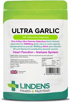 Lindens Ultra Garlic Odourless Capsules - 120 Pack - Including Vitamin B1 And D3 • £9.99