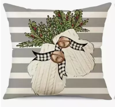 MITTENS SLEIGH BELLS HOLLY Christmas Throw Pillow Cover Winter Holiday Decor • $13.08