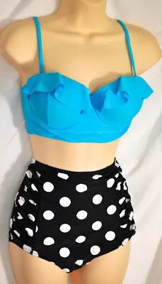 Women's Vintage High Waist Bikini Set Firm Padded Cups Size Large Blue & Black • $13.12