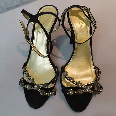 J CREW Black Rhinestone Strappy Heels Womens Sz 7 Leather Gold Pumps Sandals • $27.88