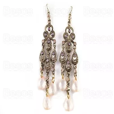 £3.99 • Buy BIG ANTIQUE GOLD FASHION Long Retro Earrings GYPSY CHANDELIER Ornate Boho Pink