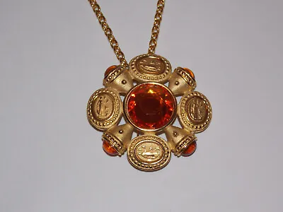 Napier Maltese Cross Vintage Necklace Brooch Pin Gold-Tone  W/ Orange Rhinestone • $75