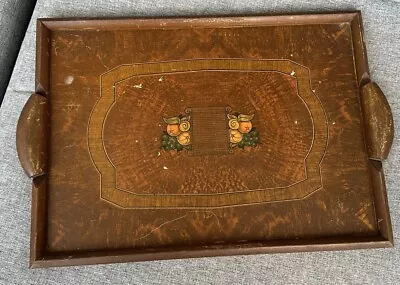 Vintage Wood Tray Serving Tray Inlaid Marquetry Fruit Wood Grain With Handles • $36.99