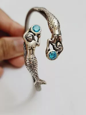 WTS Signed 925  Sterling Silver Twin Mermaid Blue Stone Flexible Cuff Bracelet • $95