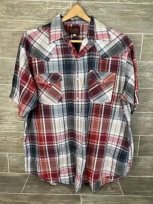 Plains Western Wear Men's XL Red Plaid Pearl Snap Short Sleeve Button Down • $14.75