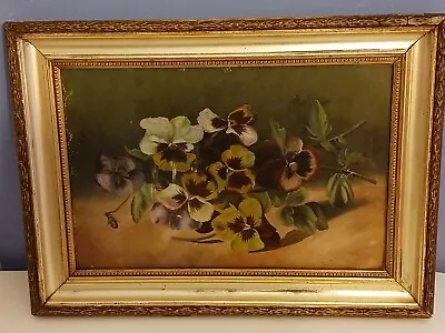 Antique Oil Painting Pansies 19th C. Still Life Flowers • $275