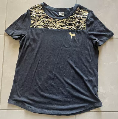 Womens Victoria’s Secret PINK Shirt Dark Grey With Gold/Black Sequins Size Large • $20