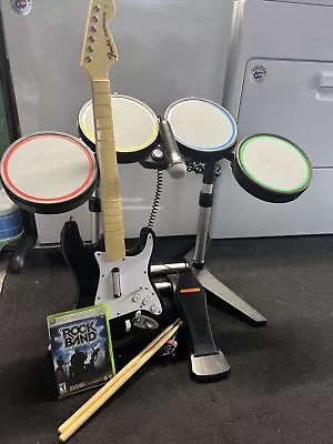 $125 • Buy Xbox 360 Rock Band Wired Drum Set Bundle Drums, Wired Guitar, Wired Mic, Game