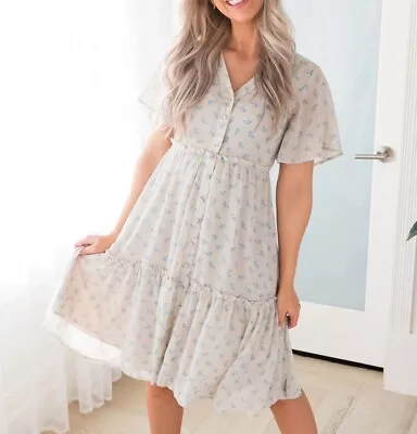 Mikarose Dress Floral Medium Tiered Beige Blue Flutter Sleeves Spring Girly • $22.87