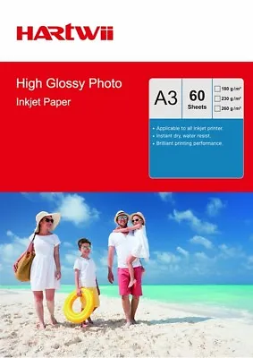 60 Sheets A3 High Glossy Photo Inkjet Paper Hartwii UK 180 230 240 260Gsm Print • £17.99