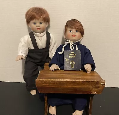Amish Dolls. Vtg Vinyl . 13” Hong Kong. Lot Comes With A School Desk & Bible • $35