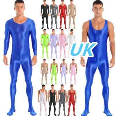 UK Mens Glossy One Piece Bodysuit Solid Tights Jumpsuit Bodystocking Shapewear • £9.69