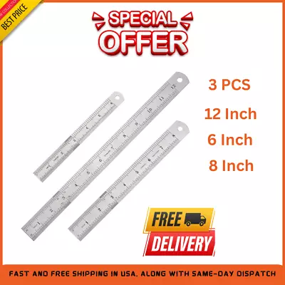 Ruler Set 6 8 12 Inch Metal Ruler With Inch Metric 3 Pcs Stainless Steel NEW • $8.18