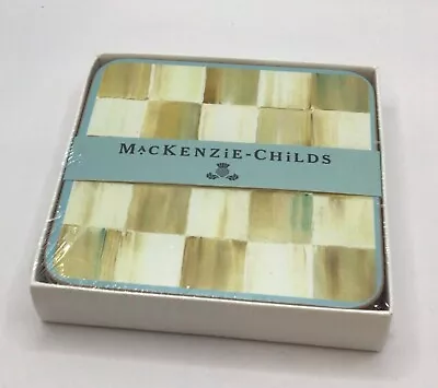 MACKENZIE CHILDS Parchment Check Cork Back Coasters  Set Of 4 • $38