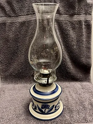 Vintage Lamplight Farms USA Ceramic Delft Style Hurricane Oil Lamp Blue Floral • $28