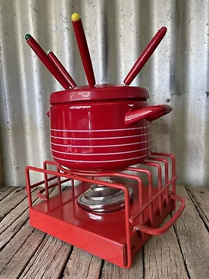 VINTAGE 80’s Retro RED ENAMEL FONDUE POT & STAND Set JAPAN • $65