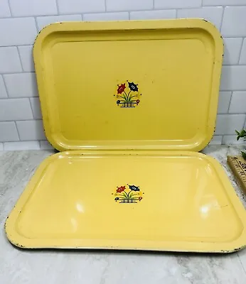 2 Vintage Harvest Gold Yellow Metal Serving Tray 50s Flower Decal  14” X 10” Set • $29.99