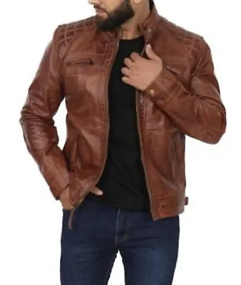 Mens Brown Cafe Racer Fitted Distressed Soft Lambskin Leather Jacket XS $299 • $107.10