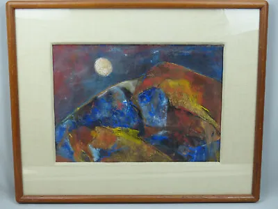 Vintage Abstract Modernist MCM Pastel Painting Signed Schaffer Moonlit Mountain • $150