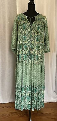 Zara Elisa Long Printed Dress Embroidered Tassel Ties Green Gold Metallic XXL • $59