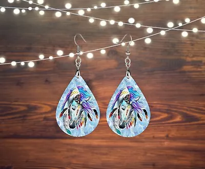 Painted Horse Wood Tear Drop Printed Earrings Jewelry Western • $14.98