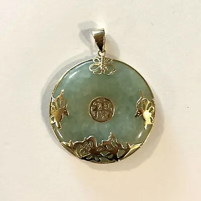 $80 • Buy Vintage 14k 585 Gold Carved Jadeite Jade Round Butterfly Good Luck Pendant 9.25g