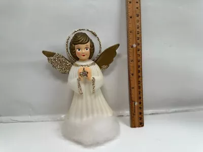 Vintage Christmas Angel Tree Topper Plastic Cotton Doubl Glo Gold Glitter • $17