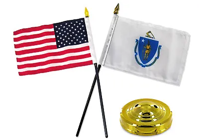 Massachusetts State W/ USA America American Flag 4 X6  Desk Set Gold Base • $8.88