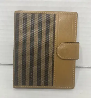 Vintage Fendi Brown Leather Credit Card Holder Wallet Tan Stripe Snap Shut • $50