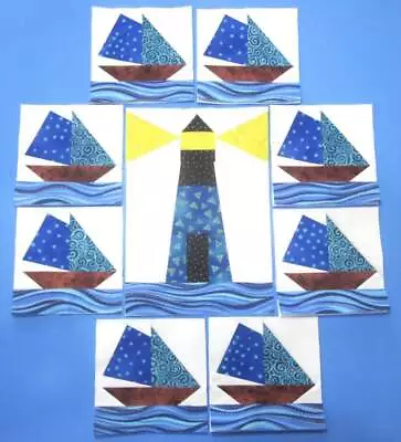 9  LAUREL BURCH FABRIC+  BLUE  SAILBOATS  &  LIGHTHOUSE  Mini Quilt Top Blocks • $15.50