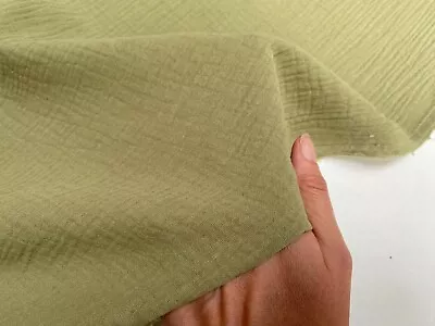 Double Gauze Cotton Muslin Fabric Soft  Baby Cloth - 140cm Wide - Khaki Green • £0.99