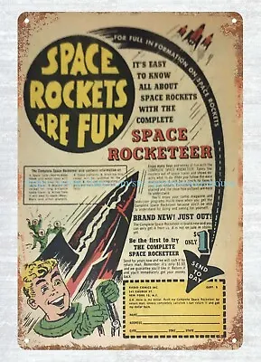 1955 Toy Ad SPACE ROCKETEER Space Rockets Are Fun Metal Tin Sign Find Wall Art • £18.29