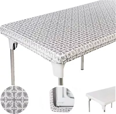 Vinyl Tablecloth Plastic Elastic Corner Rectangle 8ft 96 X 30 In Silver Pattern • $29.78