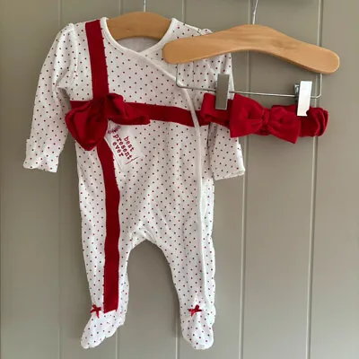 0-3 Months Christmas Sleepsuit Babygrow Girls Xmas Outfit Bow Headband Best Gift • £3.59