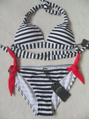 Fat Face Nautical Stripe 1 Size Bigger Push Up Halter Side Tie Bikini Sizes 6-16 • £29.99
