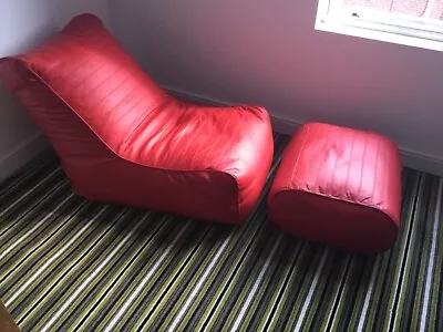 £250 • Buy Beautiful Red Leather Bean Chair And Matching Foot Stool