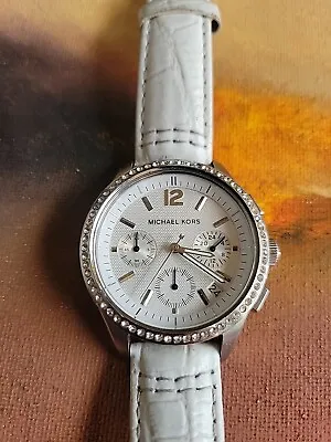 Michael Kors MK 5015 White Leather Crystal Watch Fresh Battery  • $19.95