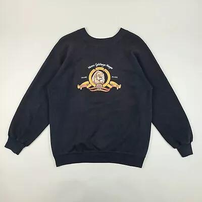 Vintage MGM Raglan Sweatshirt Medium Metro Goldwyn Mayer Lion Black 80s • $36.88