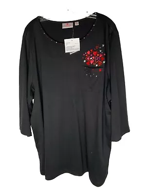 Quacker Factory Pocket Full Embroidered 3/4 Sleeve T-Shirt Black Size 3X New • $24.99