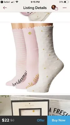 £19.66 • Buy Kate Spade Bridesmaid 3-Pack Crew Socks Set Pink And Cream